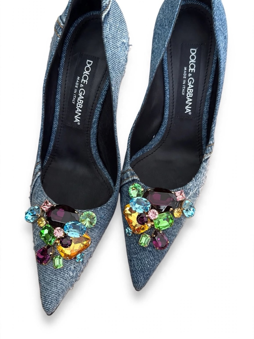 Dolce & Gabbana Denim Pointed Jewel-Embellished Pumps - Blue & Multicolor